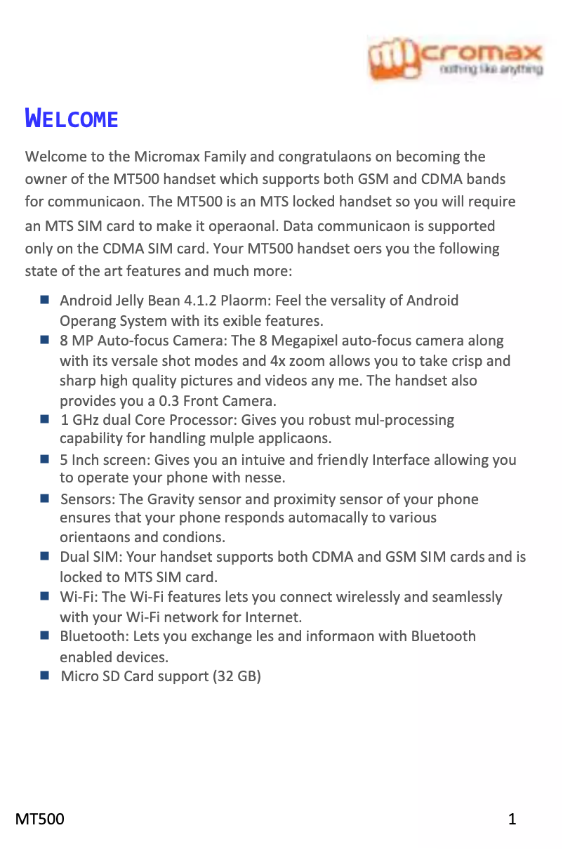 Page 1 de la notice Manuel utilisateur Micromax Canvas Blaze MT500