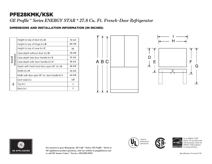 Page 1 de la notice Fiche technique GE Profile PWE23KMKES