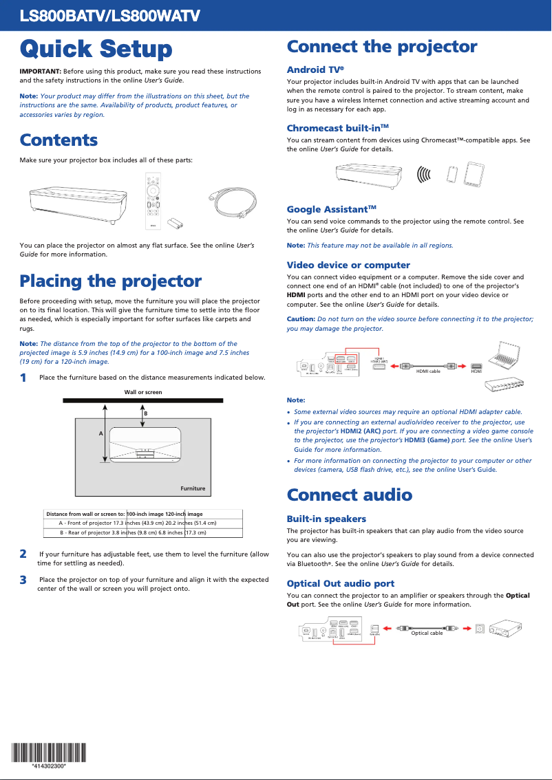 Page 1 de la notice Guide de démarrage rapide Epson EpiqVision Ultra LS800