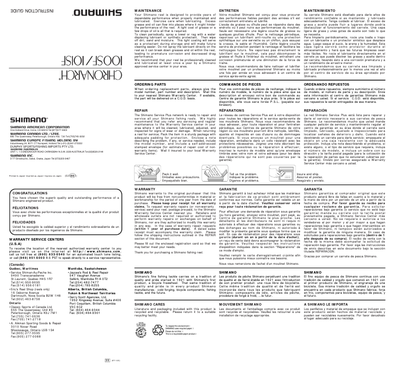 Page 1 de la notice Manuel utilisateur Shimano Chronarch 100SF