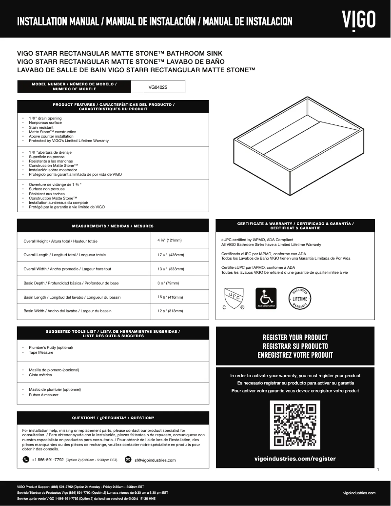 Page 1 de la notice Manuel utilisateur Vigo Starr VG04025