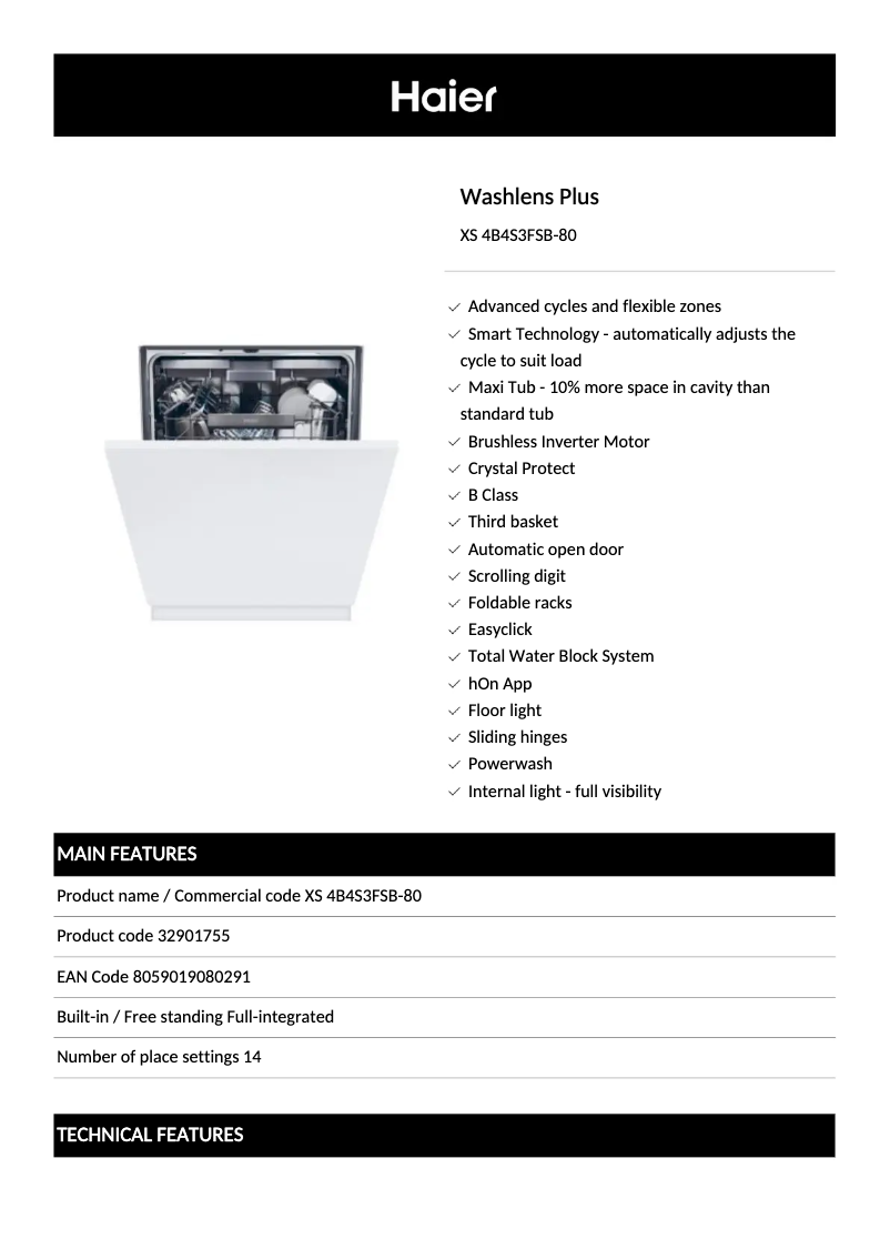 Page 1 de la notice Fiche technique Haier XS 4B4S3FSB-80