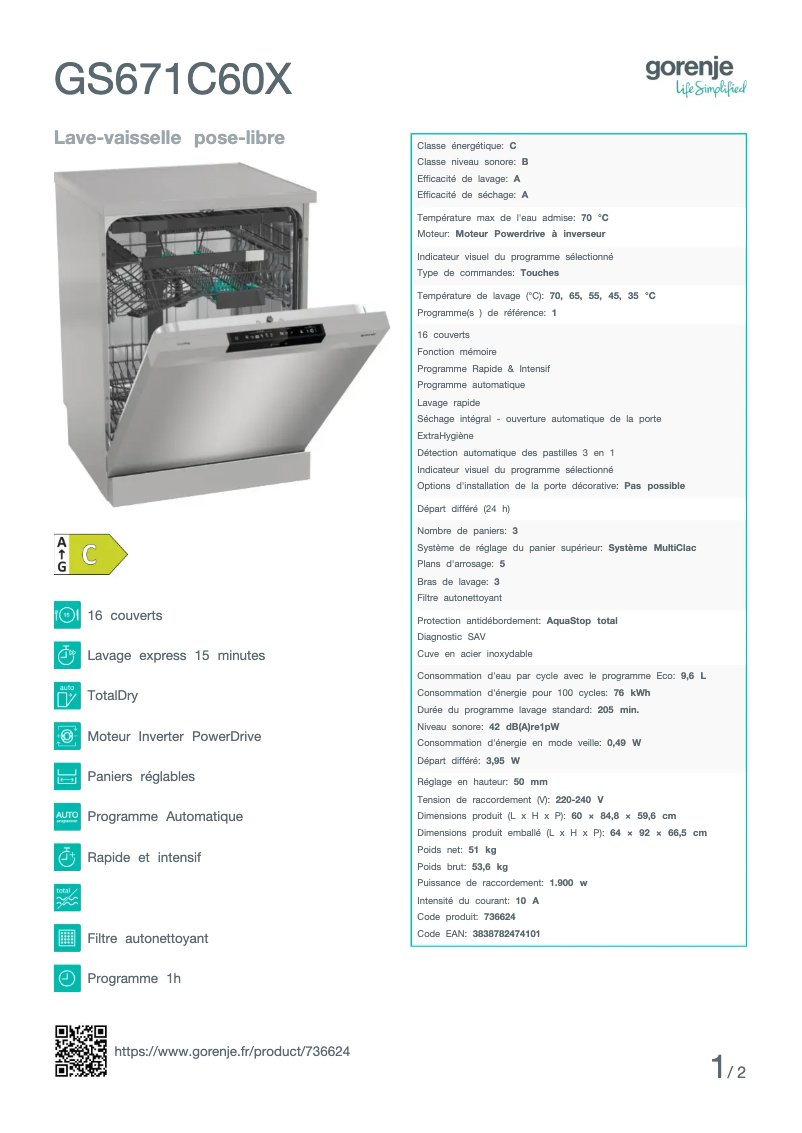 Page 1 de la notice Fiche technique Gorenje GS671C60X