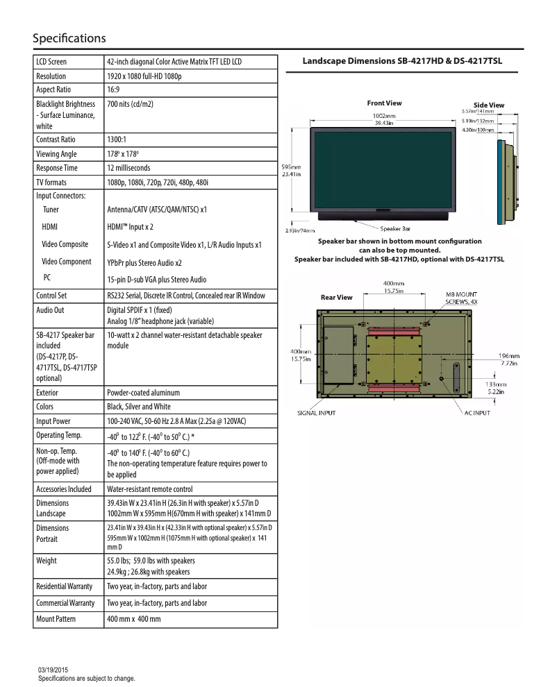Page n°1 - Fiche technique SunBriteTV SB-4217HD