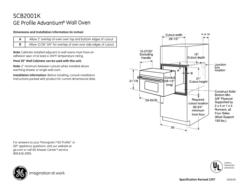Page n°1 - Fiche technique GE SCB2001KSS