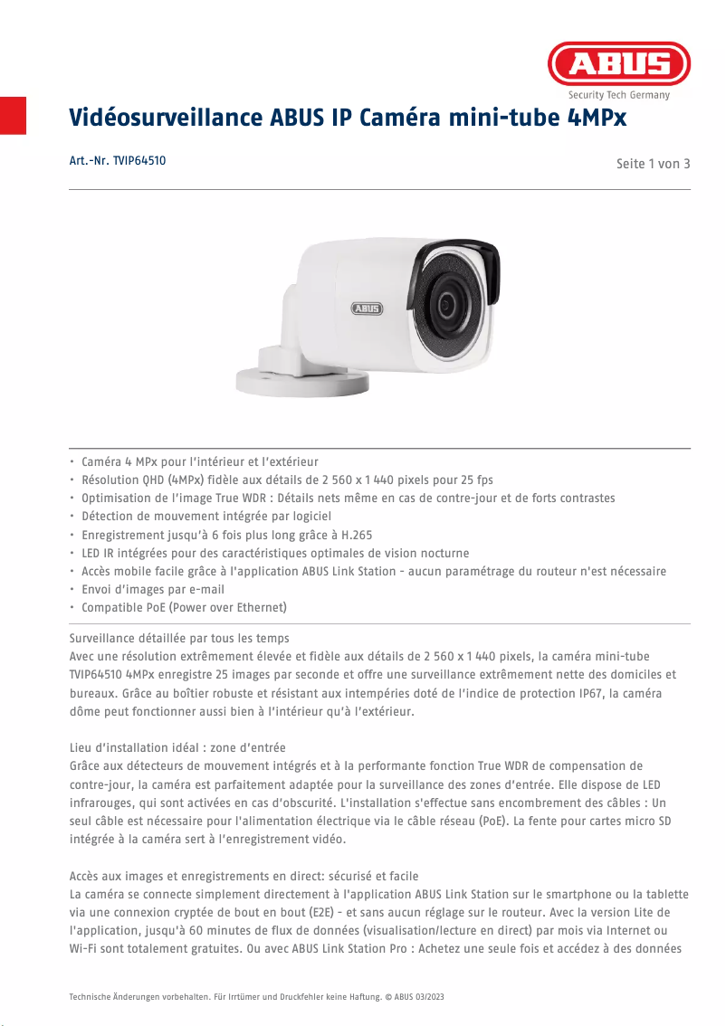 Page 1 de la notice Fiche technique Abus TVIP64510