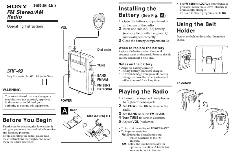 Page n°1 - Manuel utilisateur Sony SRF-49