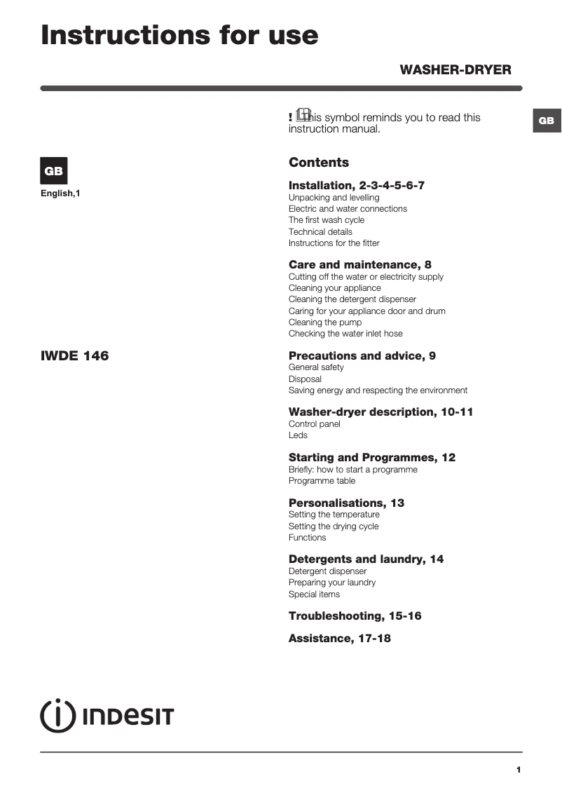 Page 1 de la notice Instructions / montage Indesit IWDE 146 UK