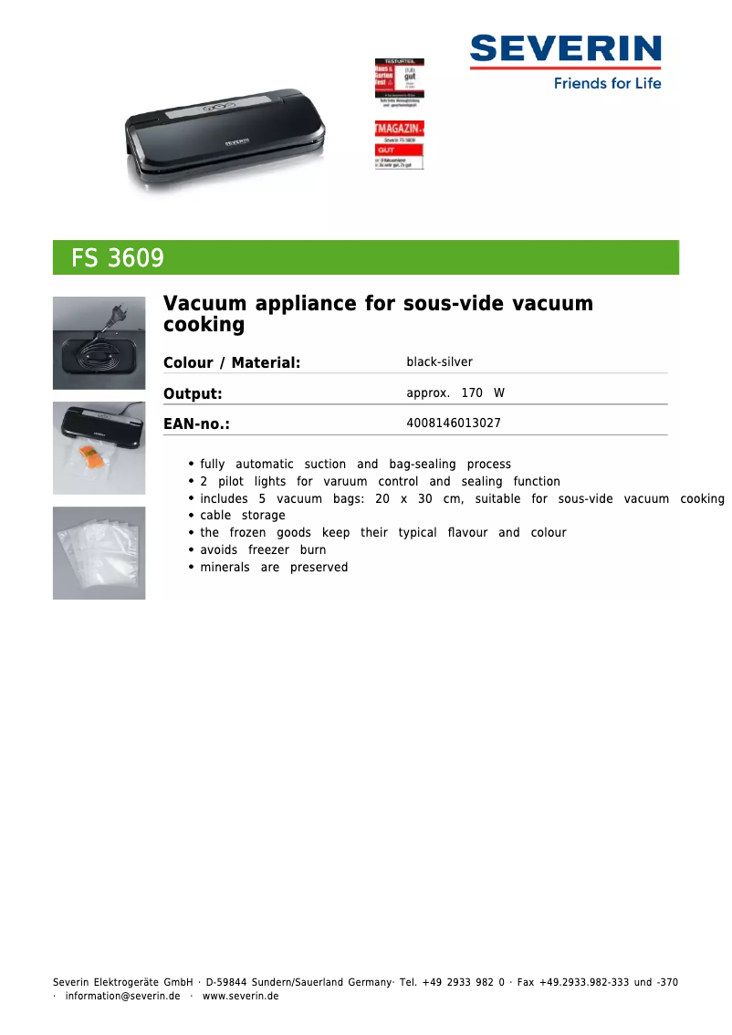 Page 1 de la notice Fiche technique Severin FS 3609