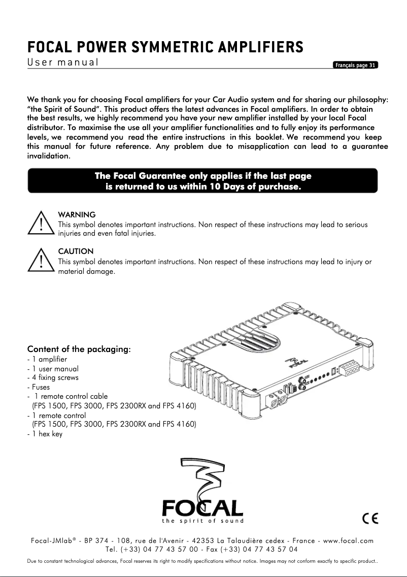 Page 1 de la notice Manuel utilisateur Focal Symmetric FPS 1.500