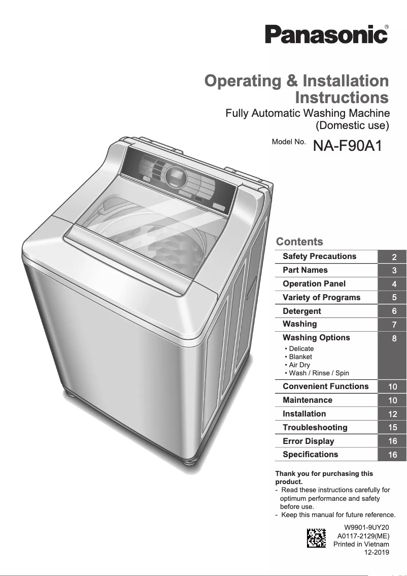 Page 1 de la notice Manuel utilisateur Panasonic NA-F90A1