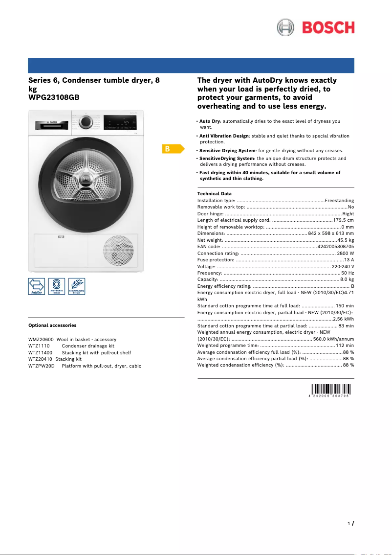 Page 1 of the manual Technical Sheet Bosch WPG23108GB