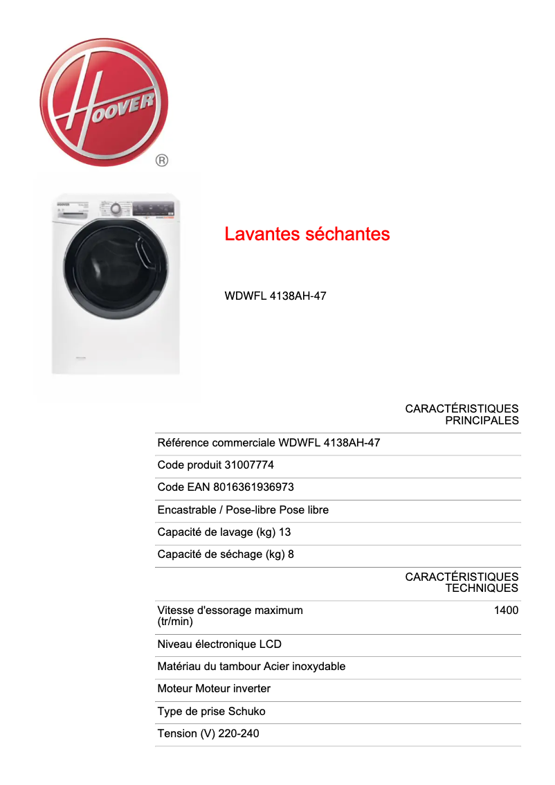 Page n°1 - Fiche technique Hoover WDWFL 4138AH-47