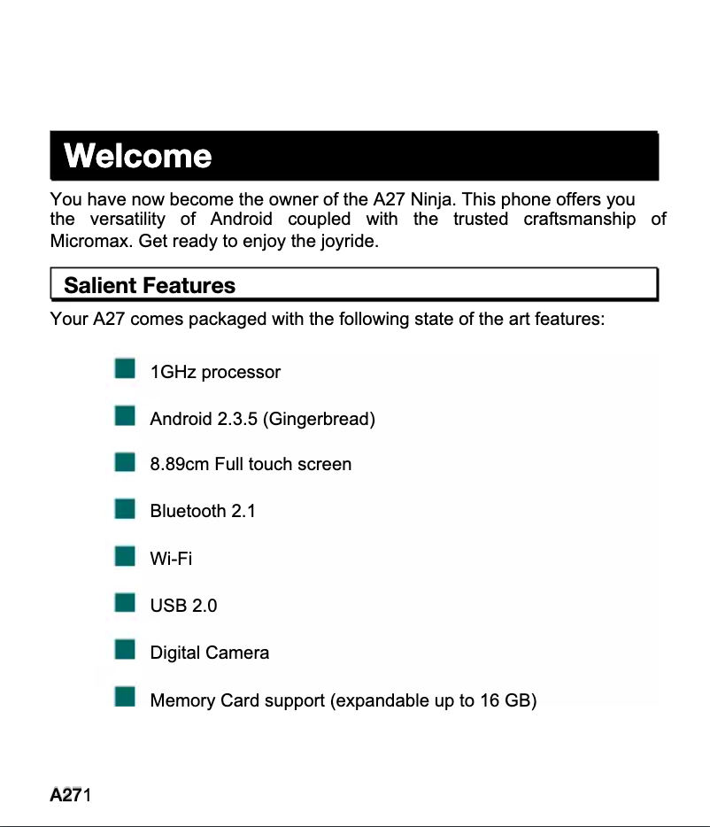Page 1 de la notice Manuel utilisateur Micromax Ninja A27