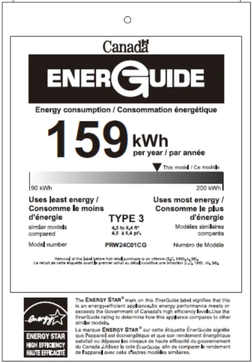 Page 1 de la notice Label énergétique Zephyr Presrv PRW24C01CG