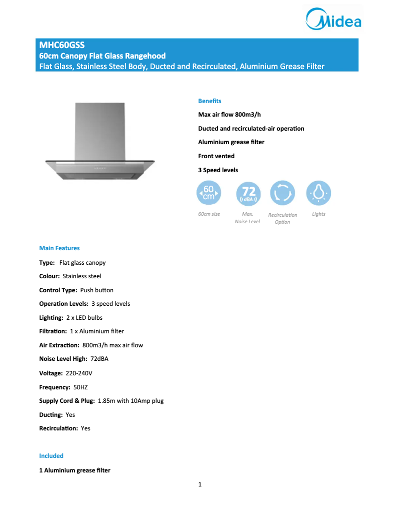 Page 1 de la notice Fiche technique Midea MHC60GSS