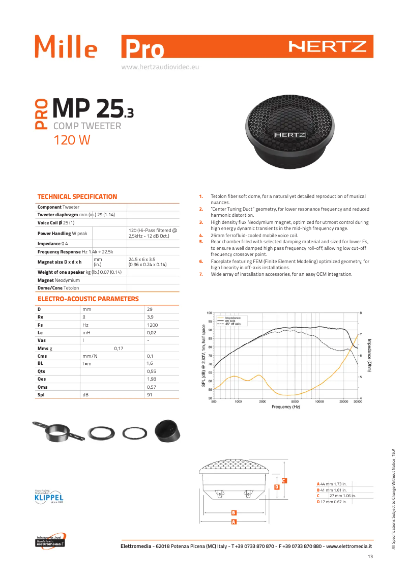 Page 1 de la notice Fiche technique Hertz Mille Pro MP25.3PRO