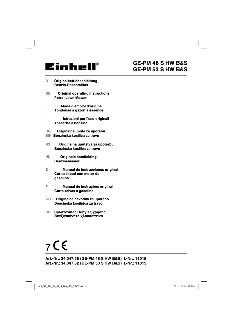 Page 1 de la notice Manuel utilisateur Einhell GE-PM 53 S HW B&S