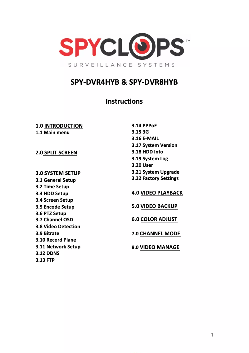 Page n°1 - Manuel utilisateur Spyclops SPY-DVR8HYB