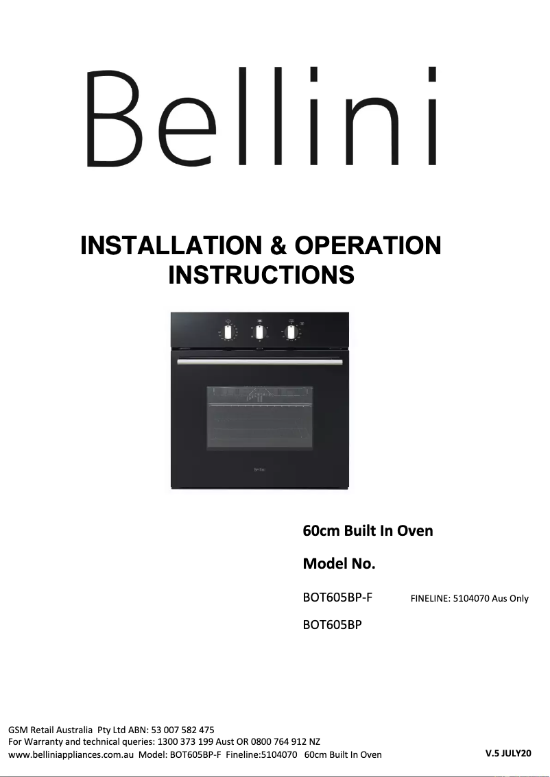 Page 1 de la notice Manuel utilisateur Bellini BOT605BP-F