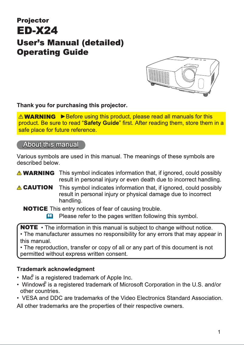 Page 1 de la notice Manuel utilisateur Hitachi ED-X24EP