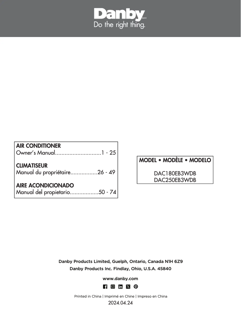 Page 1 de la notice Manuel utilisateur Danby DAC250EB3WDB
