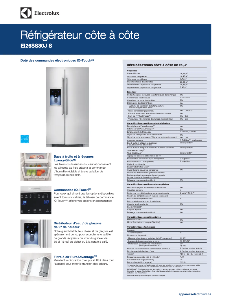 Page 1 de la notice Fiche technique Electrolux EI26SS30JW
