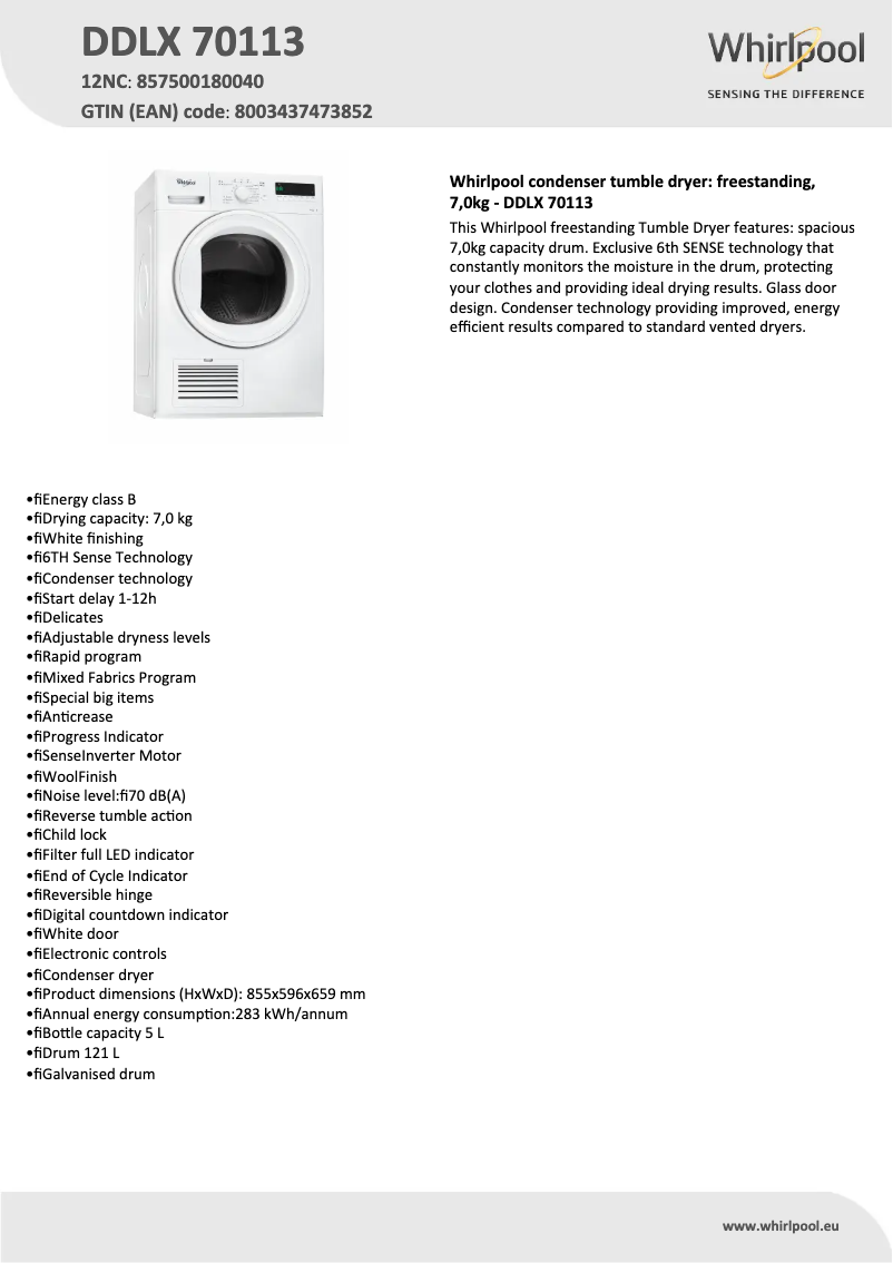 Page 1 de la notice Fiche technique Whirlpool DDLX 70113