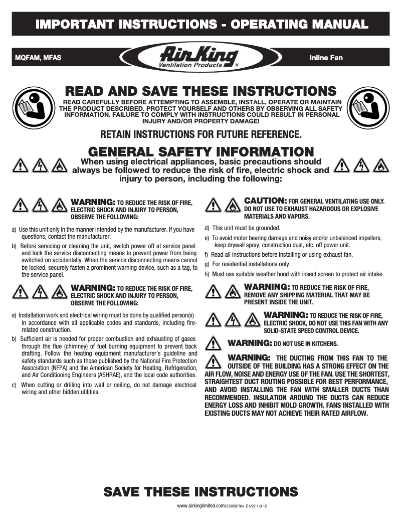 Page 1 de la notice Manuel utilisateur Air King MQFAM