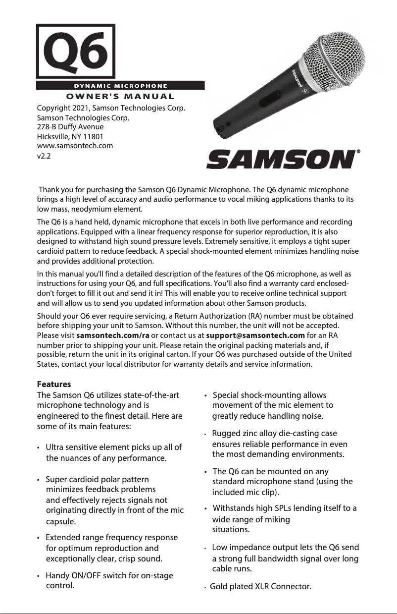 Page 1 de la notice Manuel utilisateur Samson Q6