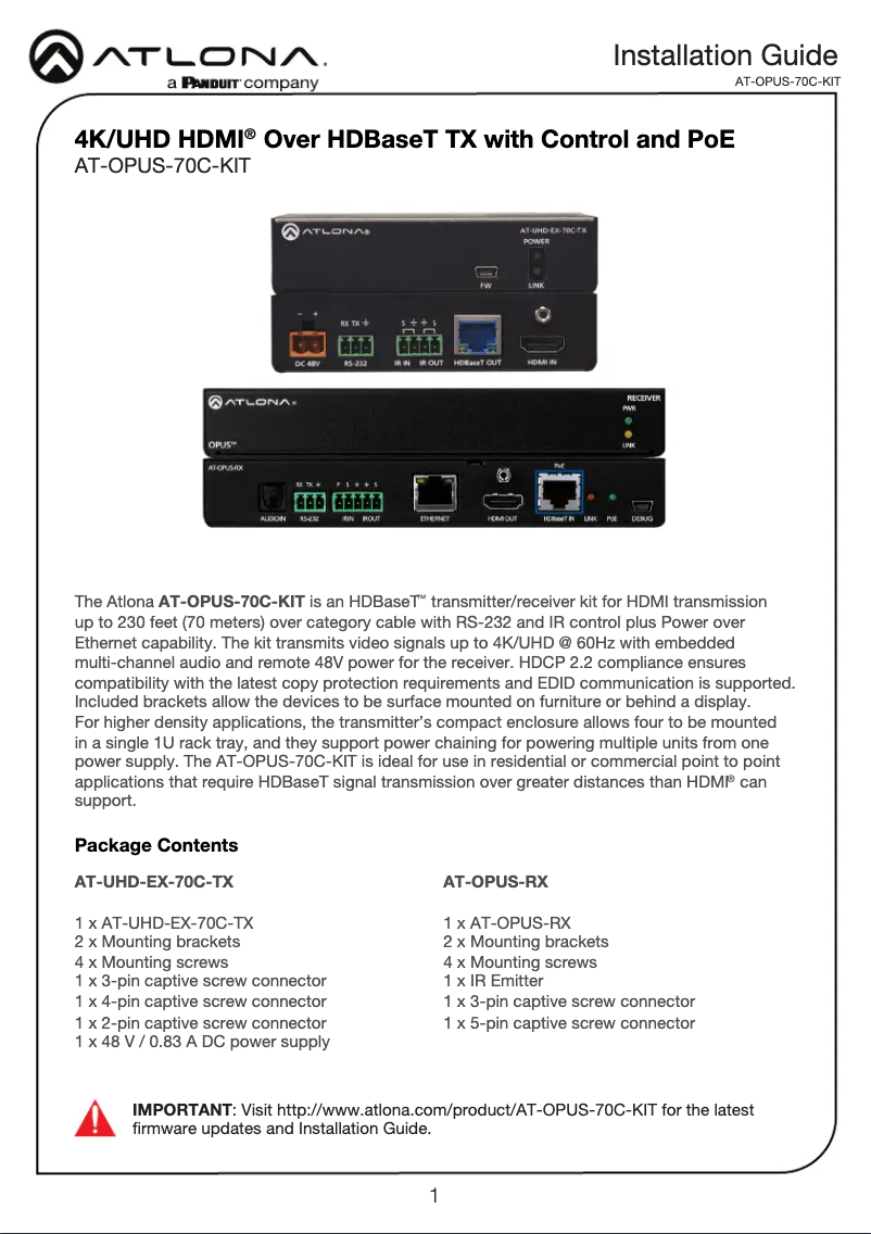 Page 1 de la notice Manuel utilisateur Atlona AT-OPUS-70C-KIT