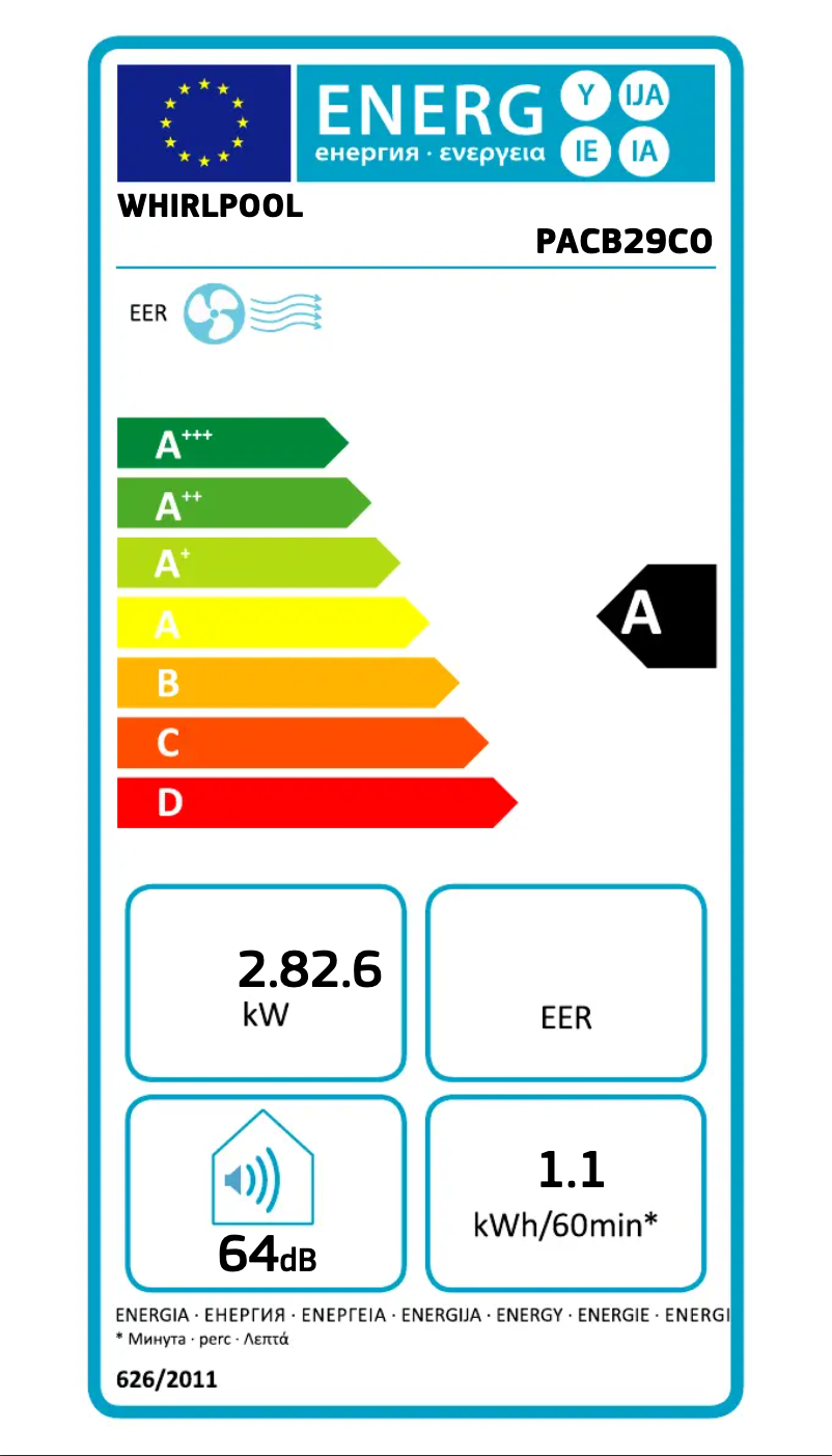 Page 1 de la notice Label énergétique Whirlpool PACB29CO