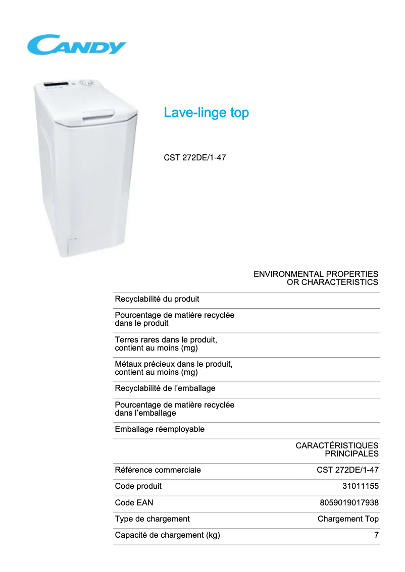 Page 1 de la notice Fiche technique Candy CST 272DE/1-47
