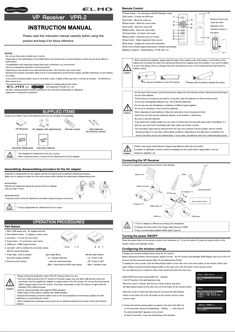 Page n°1 - Manuel utilisateur Elmo VPR-2