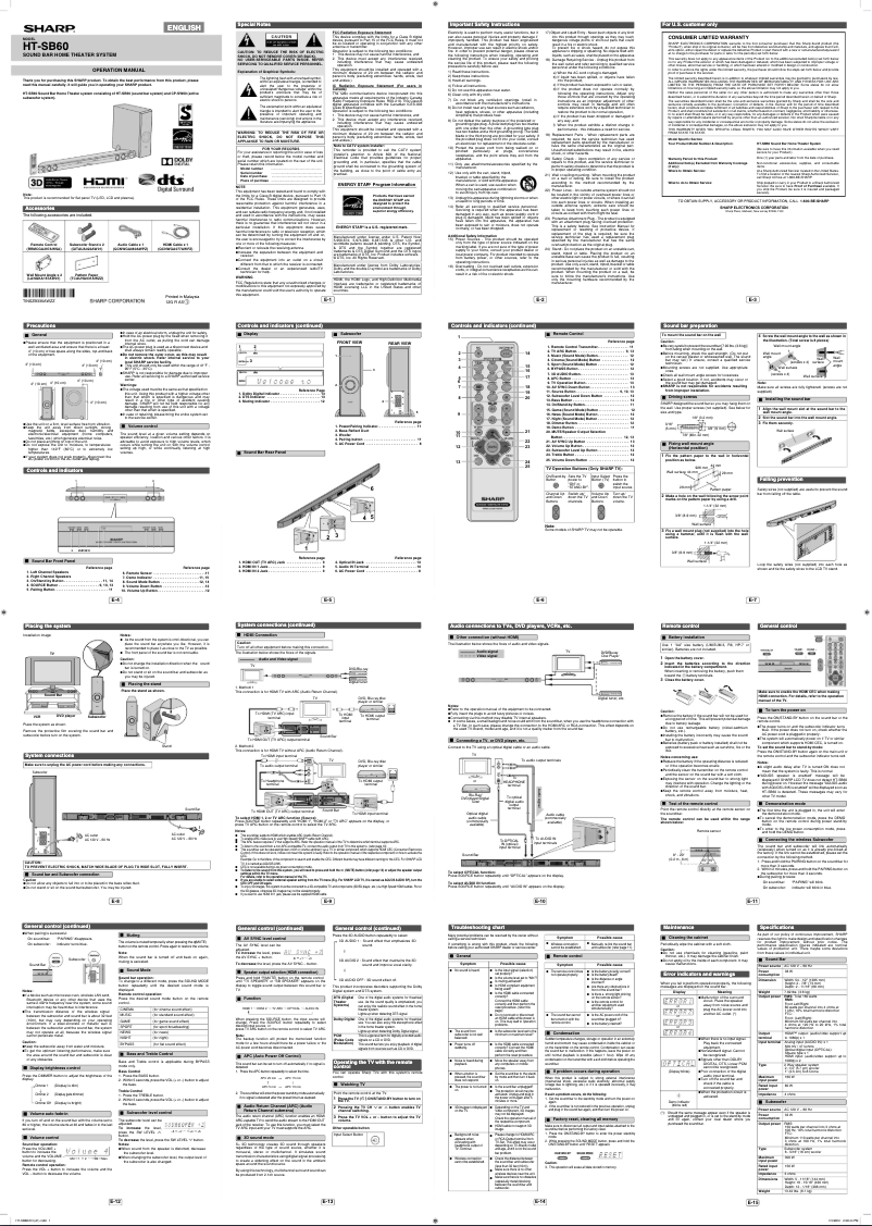 Page 1 de la notice Manuel utilisateur Sharp HT-SB60