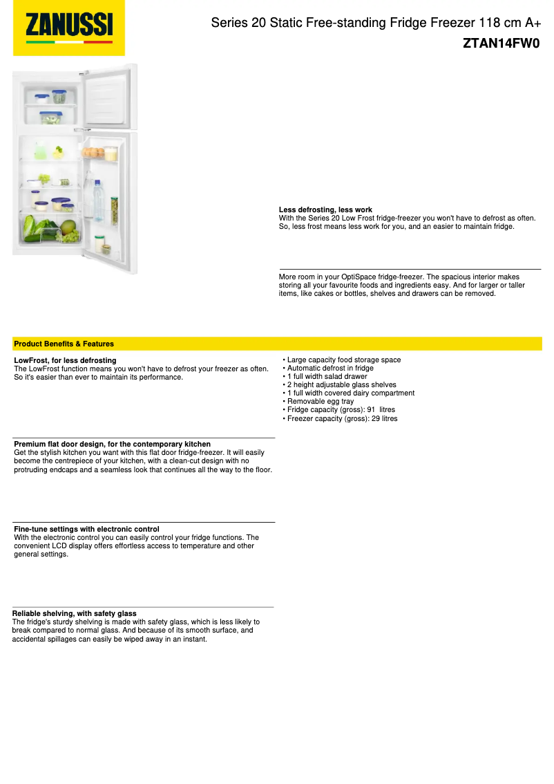 Page 1 de la notice Fiche technique Zanussi ZTAN14FW0