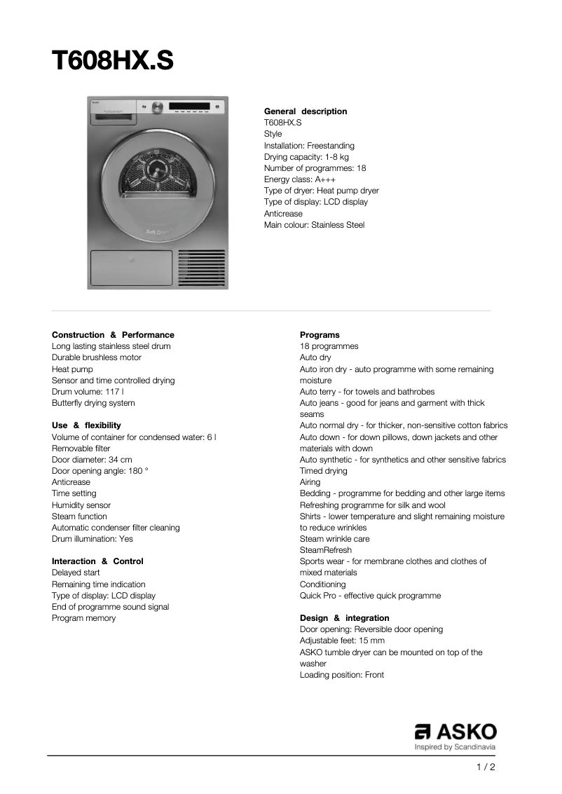 Page 1 de la notice Fiche technique Asko T608HX