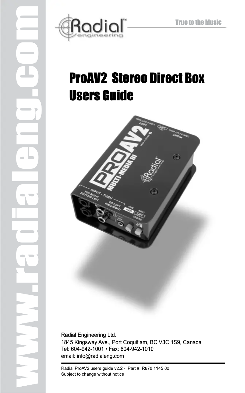 Page 1 de la notice Manuel utilisateur Radial Engineering ProAV2