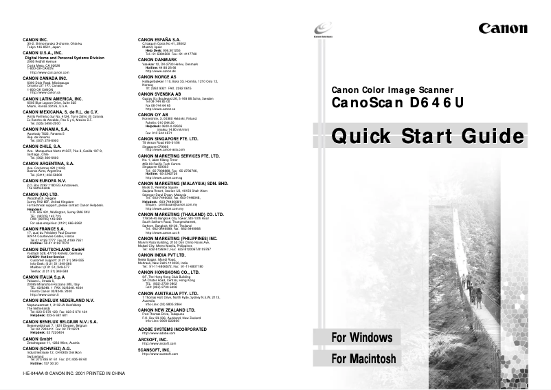 Page 1 de la notice Guide de démarrage rapide Canon CanoScan D646U