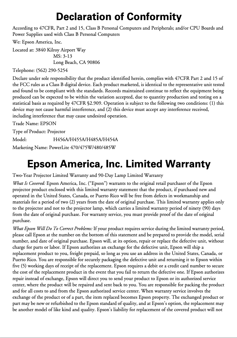 Página 1 del manual Información de garantía Epson PowerLite 480