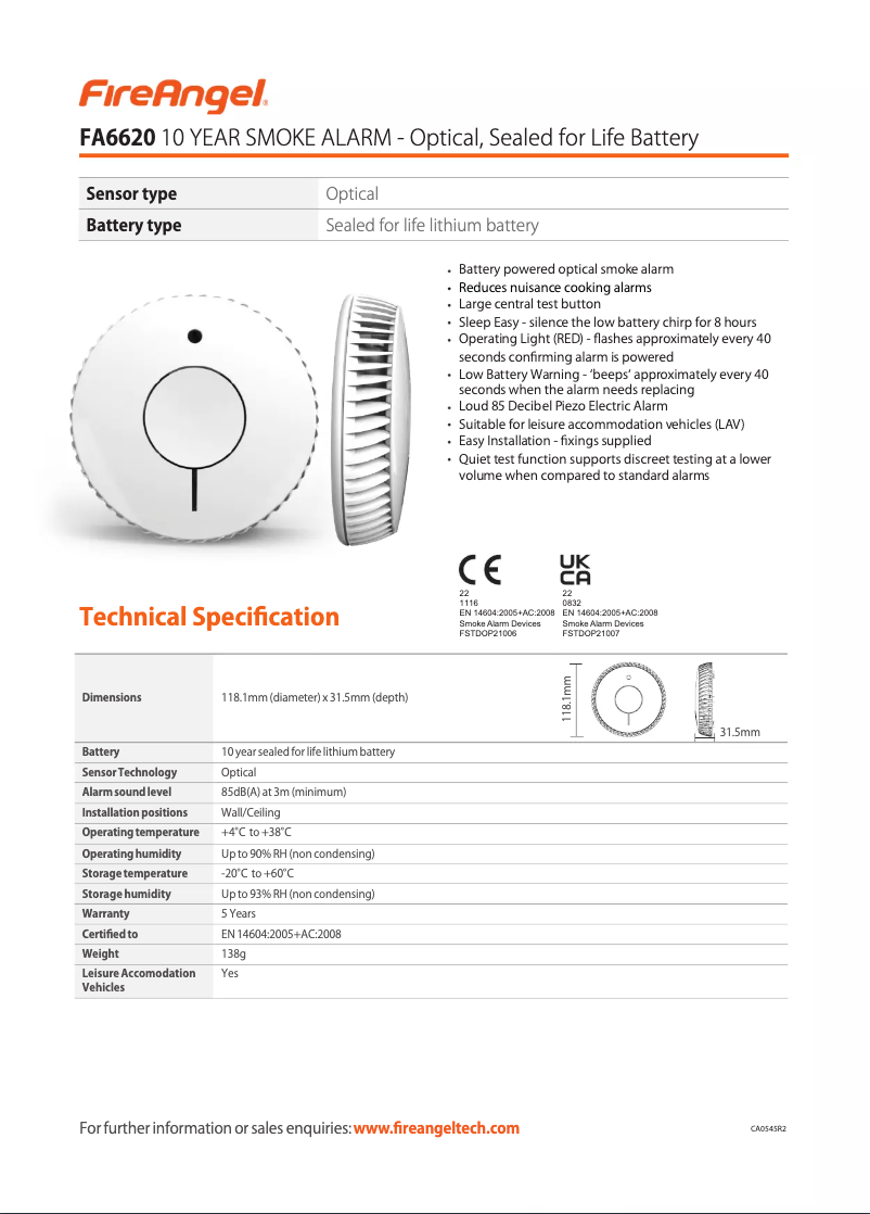 Page 1 de la notice Fiche technique FireAngel FA6620-R