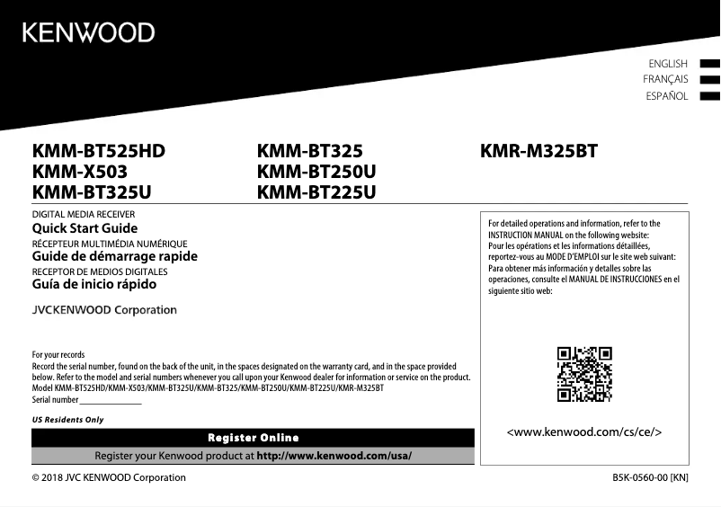 Página 1 del manual Guía de inicio rápido Kenwood KMM-BT525HD