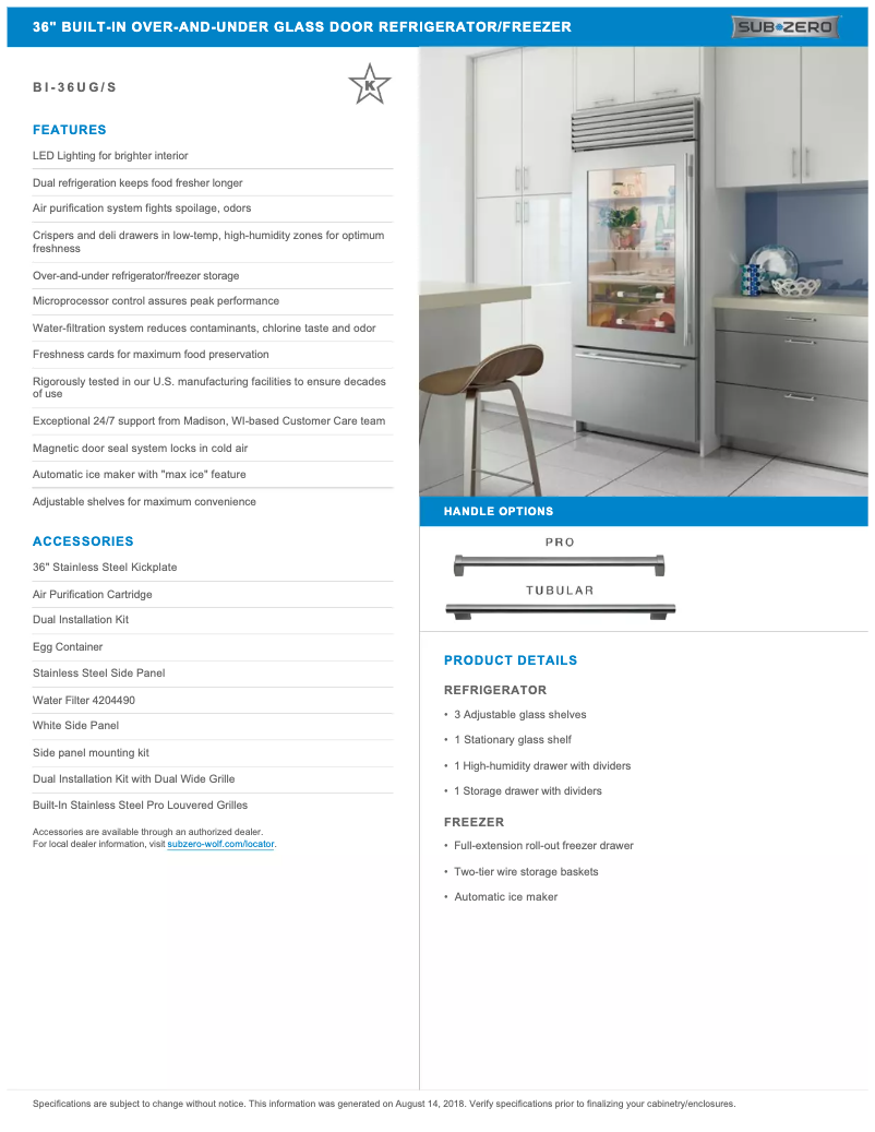Page 1 de la notice Fiche technique Sub-Zero BI-36UG/S/PH-LH