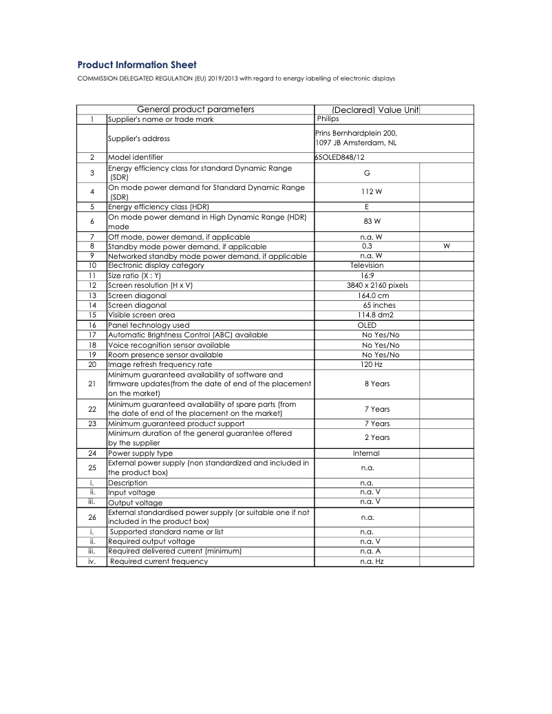 Page 1 of the manual Technical Sheet Philips 65OLED848