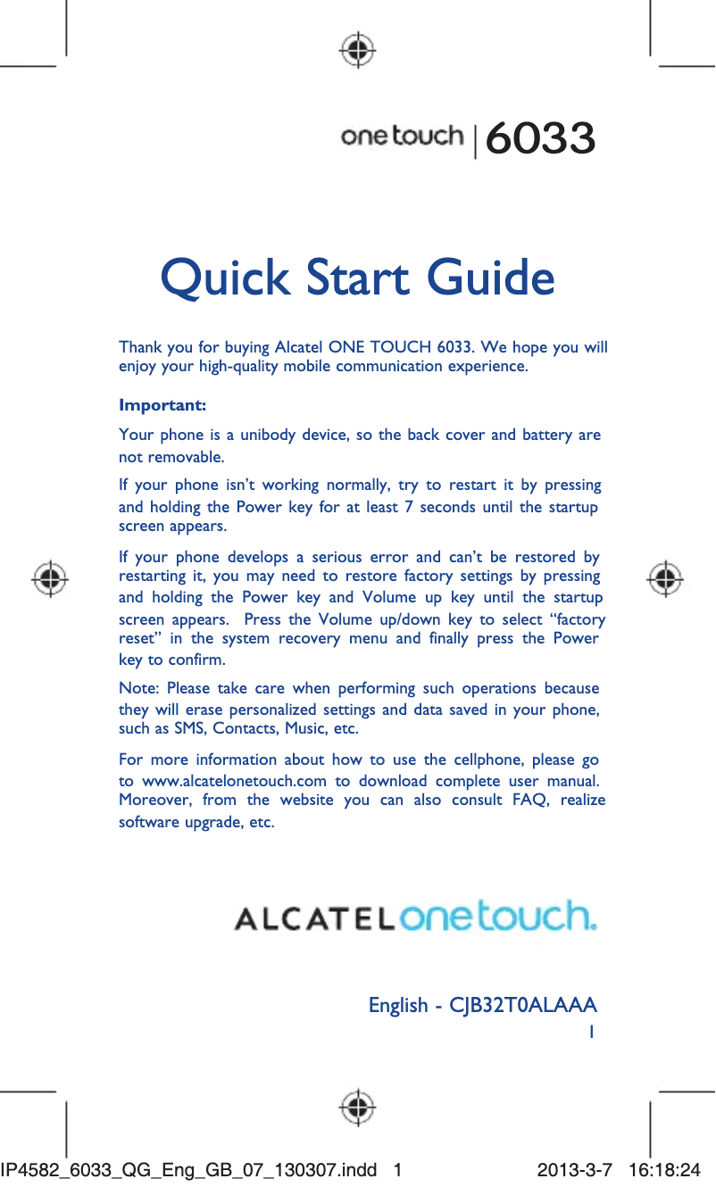 Page 1 de la notice Manuel utilisateur Alcatel One Touch 6033