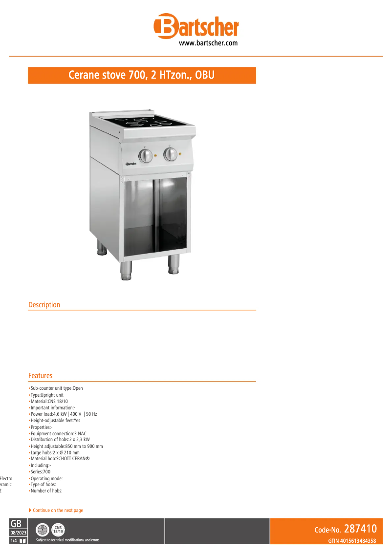 Page 1 de la notice Fiche technique Bartscher 287410