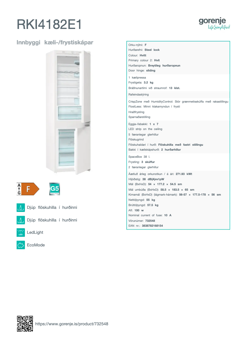 Page 1 de la notice Fiche technique Gorenje RKI4182E1