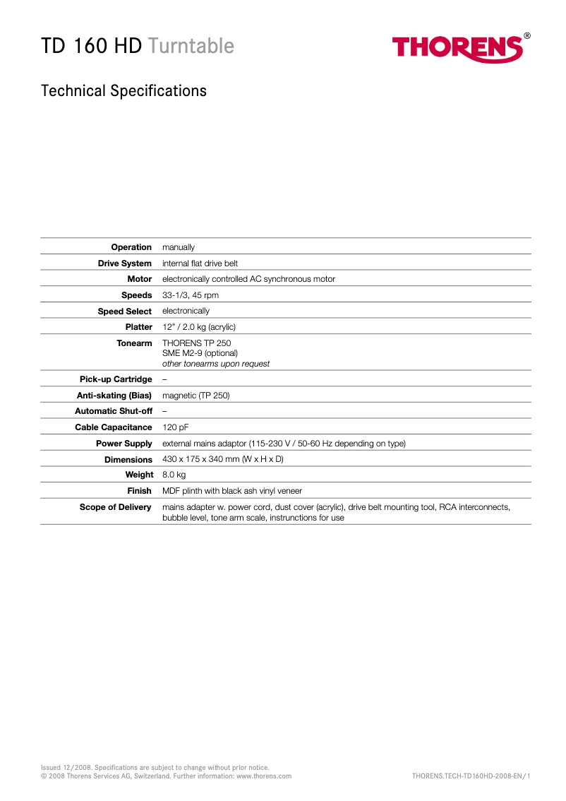 Page 1 de la notice Fiche technique Thorens TD 160 HD