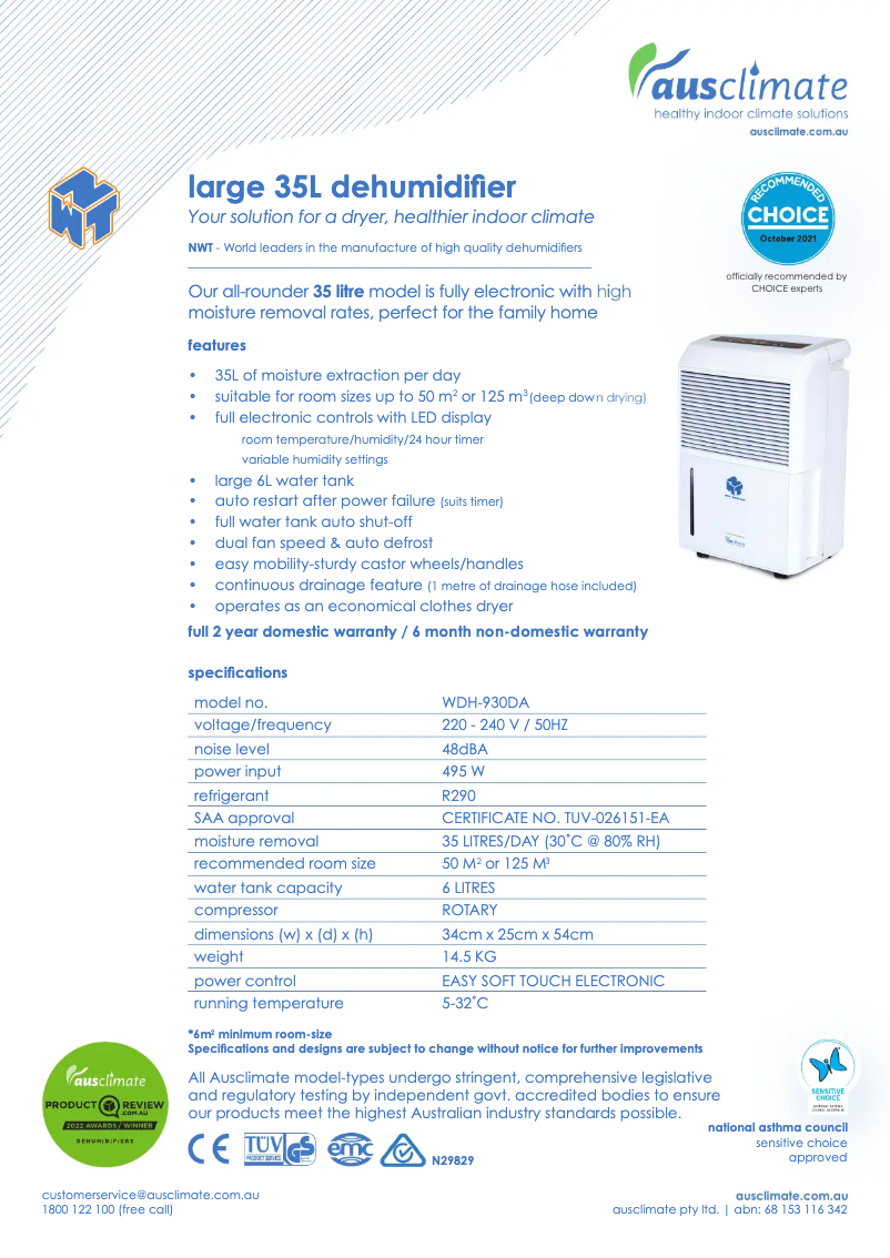 Page n°1 - Fiche technique Ausclimate WDH-930DA
