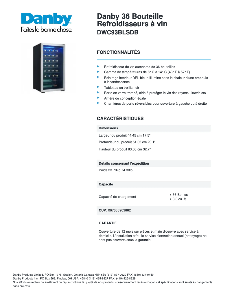 Page n°1 - Fiche technique Danby DWC93BLSDB